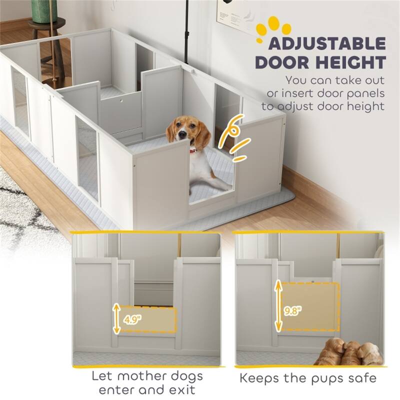 White Pine Wood MDF Dog Whelping Box with Acrylic Panel and Pee Pad