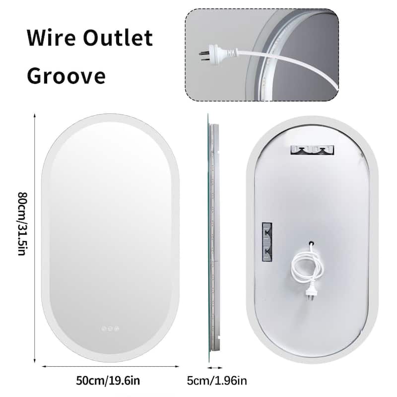 500x800mm Oval Led Bathroom Vanity Mirror with Backlit Dimmable 3 Lights Anti-fog with touch switch. - 19.6x31.5''