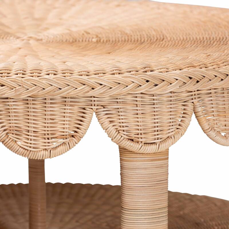 Latoya Natural Rattan Coffee Table - Handwoven Round Wicker Table with Scalloped Apron and Lower Shelf, Coastal Boho Style