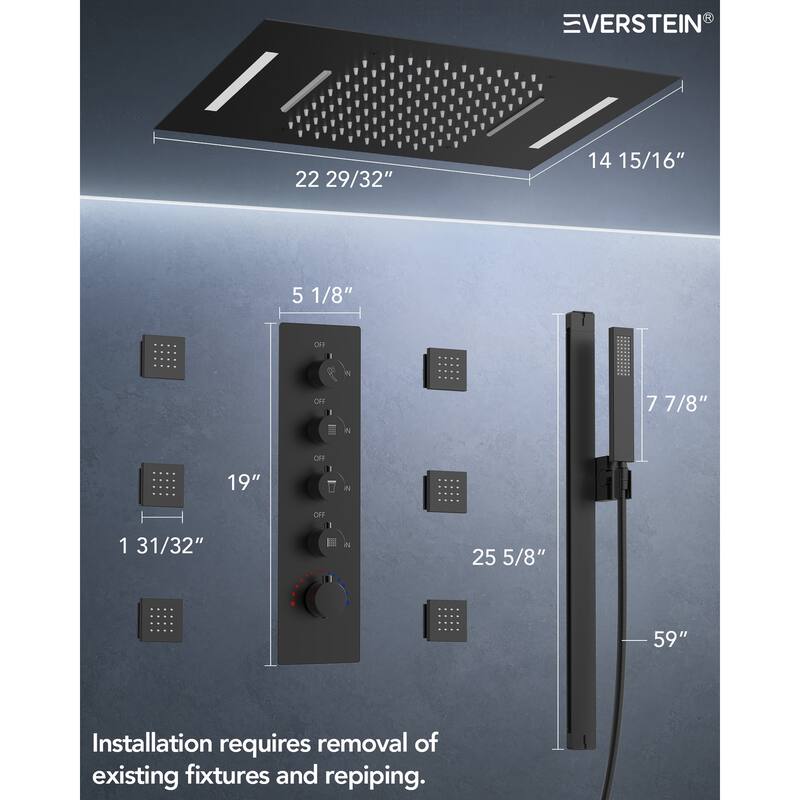 64 Color LED Mood Lighting Thermostatic Shower System with Slide Bar, 23" x15" Bathroom Shower Faucet Set - 22"x15"
