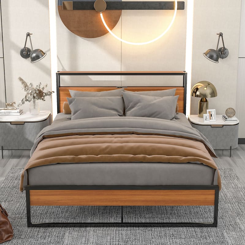 Queen Size Metal Platform Bed Frame with Sockets - Black