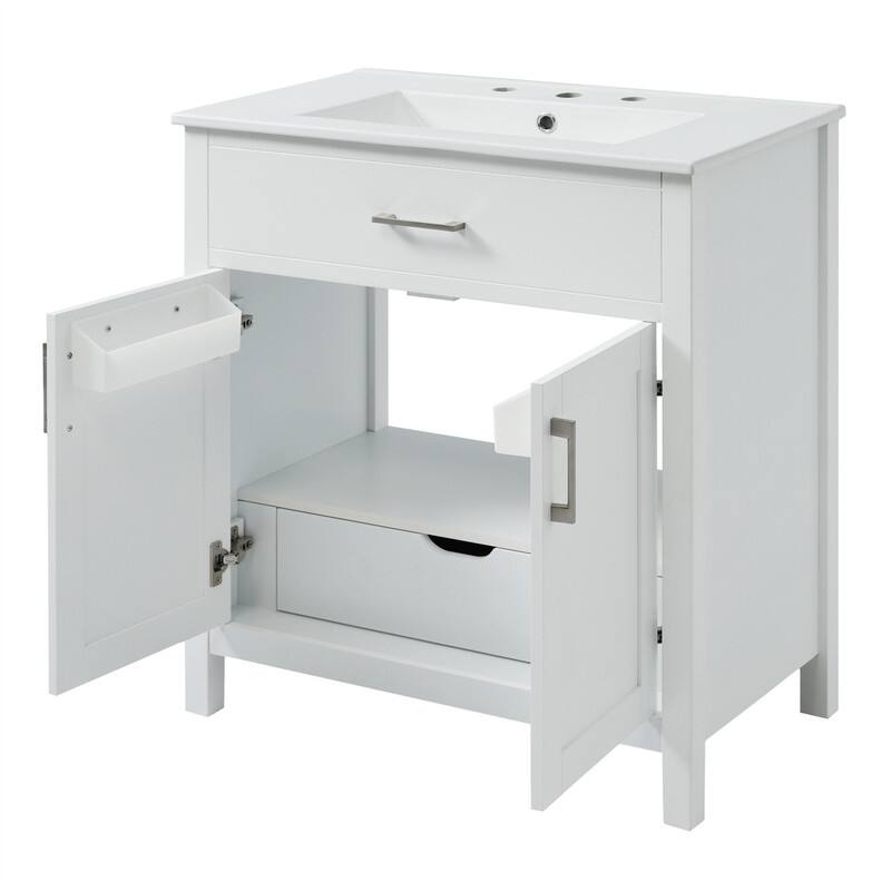 30'' Bathroom Vanity with Ceramic Sink Top, Bathroom Storage Cabinet with 2 Soft Close Doors, 1 Storage Shelf and Drawer