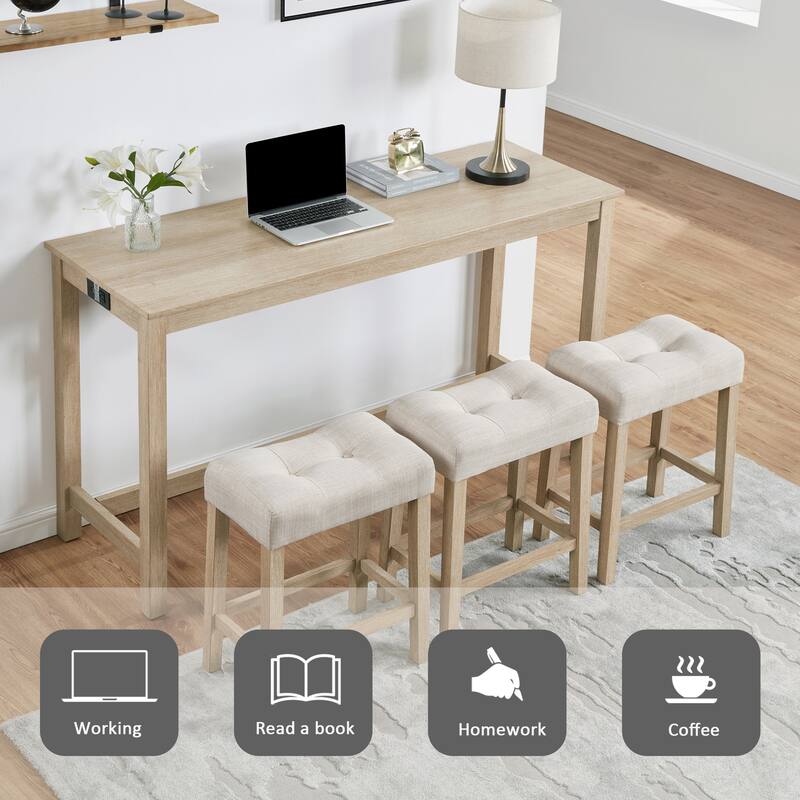 4 Piece Bar Table Set with Power Outlet, Bar Table Set with Chairs and Stools, Behind Couch Table with 3 Padded Stools