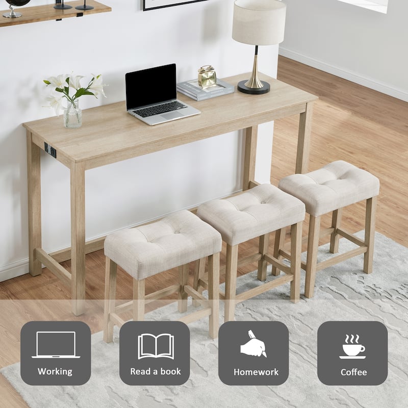 GDFStudio - Calverly 4-Piece Industrial Bar Table Set with USB Power Station and 3 Linen Upholstered Stools