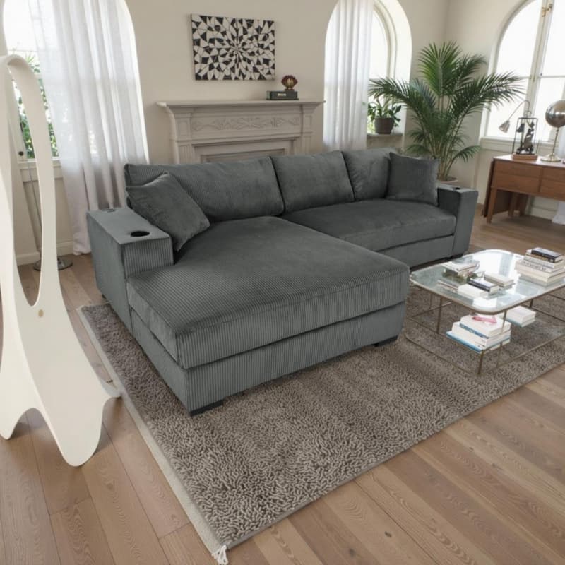 Luxurious Large Sectional Sofa with Thick Cushions, Lounge, Built-in Cup Holders & Charging Ports - Grey