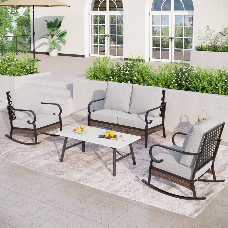 MAISON ARTS 4-Seat Patio Conversation Sets with 2 Rocking Sofa Chairs, 1 Loveseat Sofa and 1 Coffee Table - Light Grey