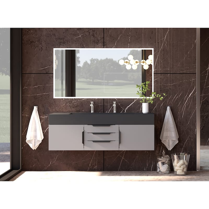 Nile 60" Wall Mounted Bathroom Vanity Set w/ Black Top