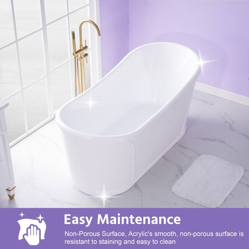 66'' W,68 GALLONS Freestanding Acrylic Soaking Bathtub With Drain And Overflow Holes