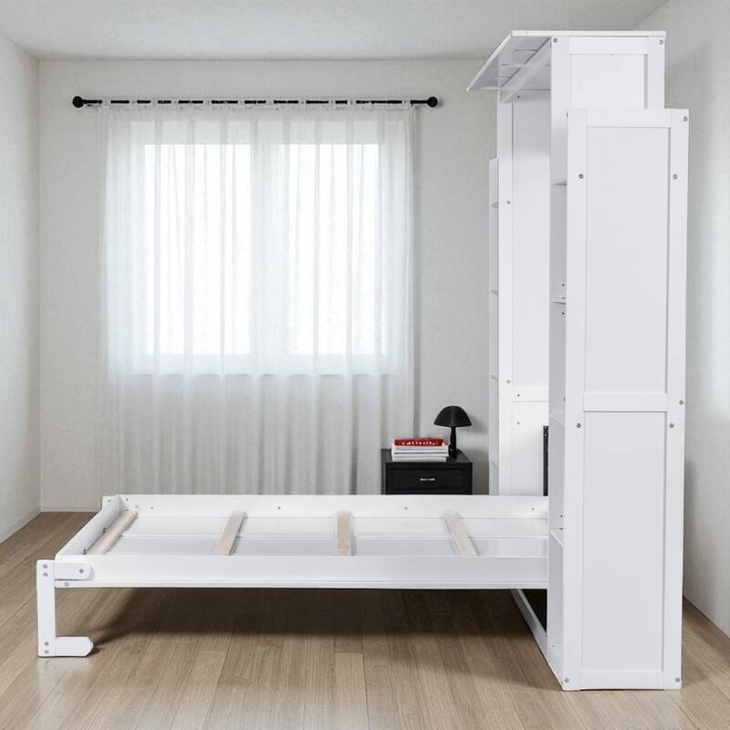 Full/Queen Murphy Wall Bed with Shelves & LED, Dual-Piston, 8 in Mattress, 600 lb Capacity, Space-Saving
