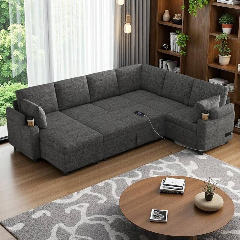 U-Shaped Sectional Sofa with Sleeper Bed, Hidden Storage & Power Ports by Harper&Bright Designs - Grey