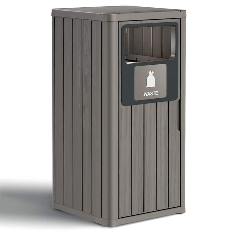 Single-Barrel Outdoor Trash Can,Waterproof Resin Garbage Can with Garbage Labels,Durable Waste Bin for, Backyard, Porch - Brown