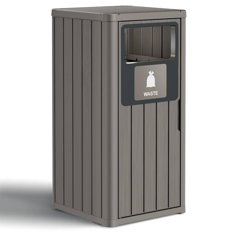 Single-Barrel Outdoor Trash Can,Waterproof Resin Garbage Can with Garbage Labels,Durable Waste Bin for, Backyard - Brown