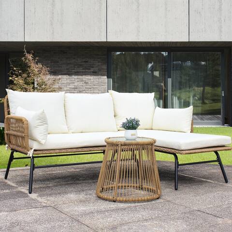 3PCS Outdoor Patio Balcony L Shape Wicker Sofa Set with Beige Cushion, Round Tempered Glass Table and Furniture Cover