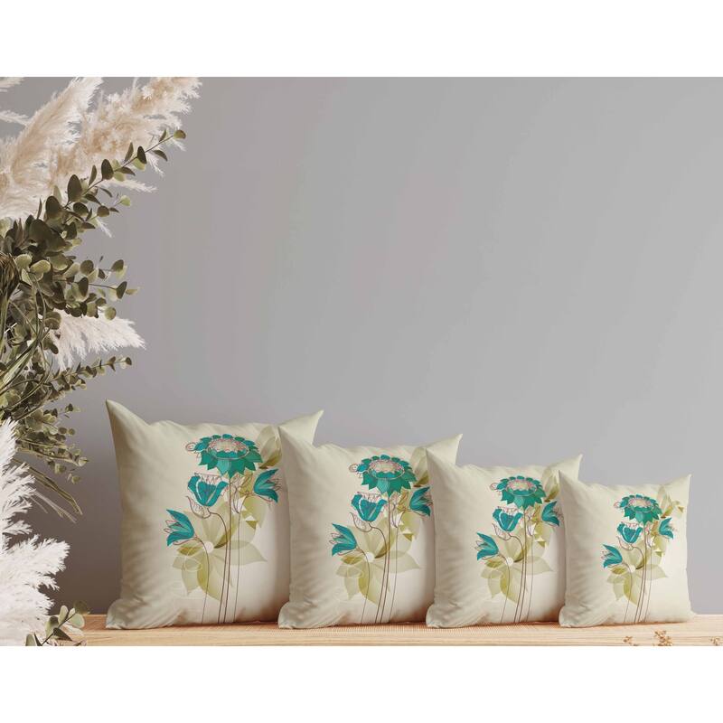 Flowers Line Art Faux Suede Reversible Throw Pillow Green and Blue