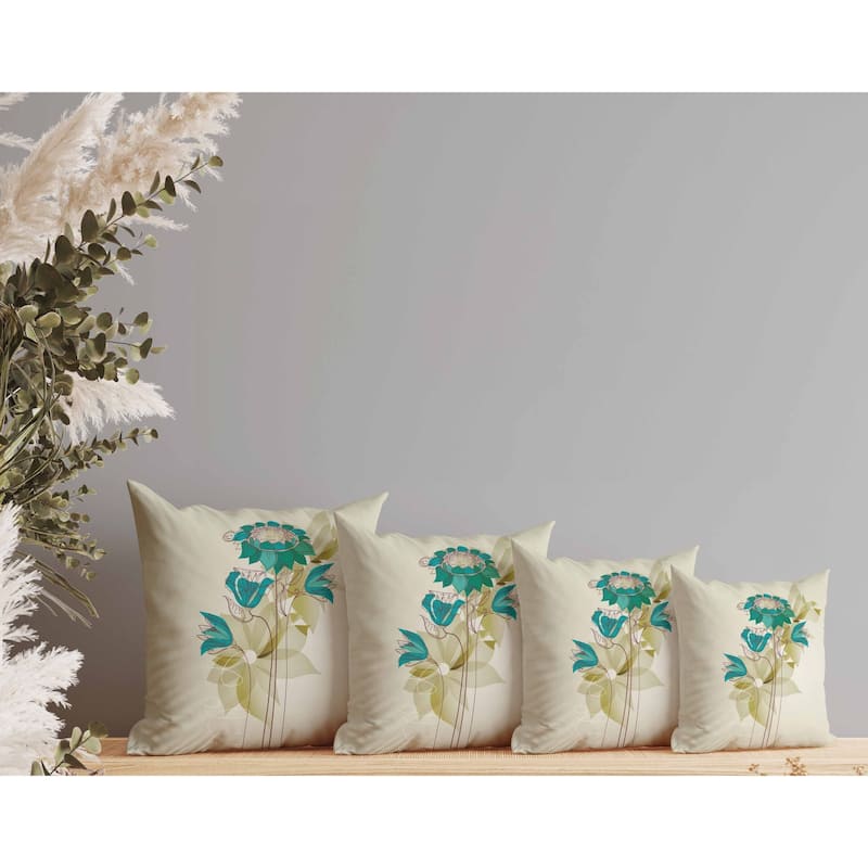 Flowers Line Art Indoor/Outdoor Reversible Throw Pillow Green and Blue