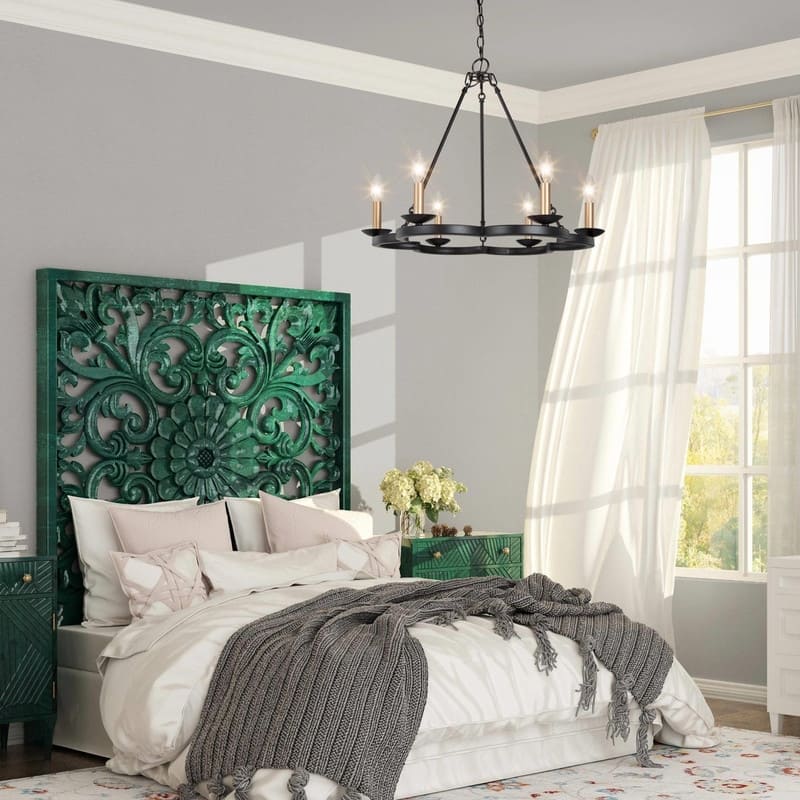 Modern Farmhouse Wagon Wheel Chandelier Black 6-light Candle Ceiling Lights for Kitchen