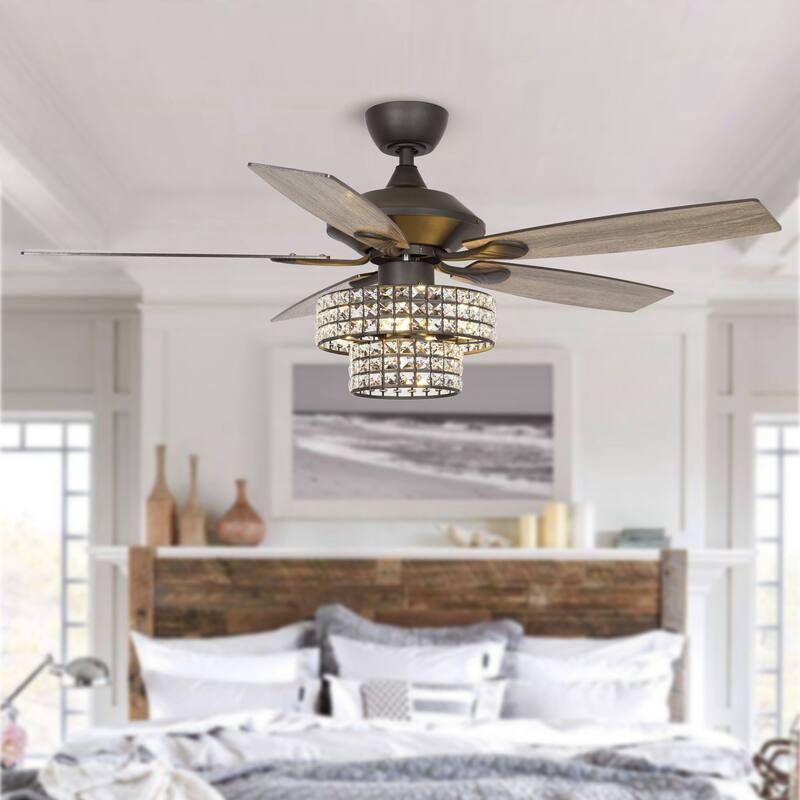 52-in Matte Black Modern Crystal Downrod Mount Fandelier Ceiling Fan with Light and Remote - Matte Black