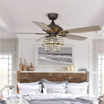 52-in Matte Black Modern Crystal Downrod Mount Fandelier Ceiling Fan with Light and Remote