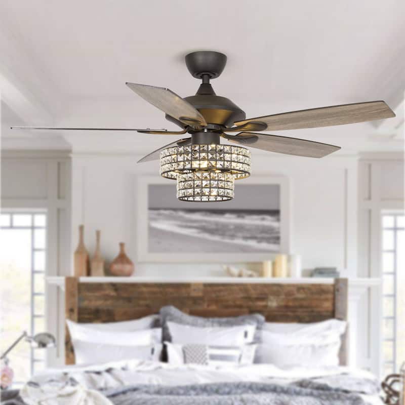 52-inch Matte Black Modern Crystal Downrod Mount Fandelier Ceiling Fan with Light and Remote - Matte Black