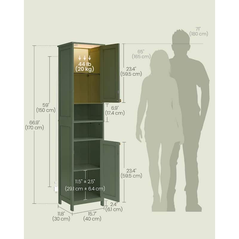 Forest Green Tall Bathroom Cabinet with Door Activated Light Adjustable Shelves - 11.8"D x 15.7"W x 66.9"H