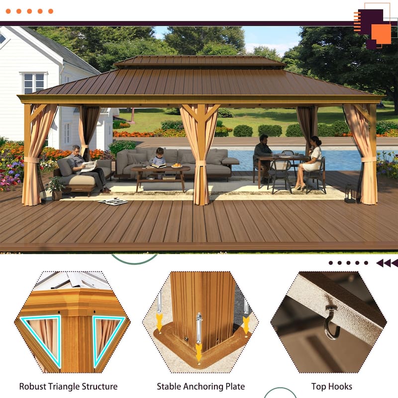 Outdoor Hardtop Gazebo with a Wood-Look Aluminum Frame, Double Galvanized Steel Roof, and Premium Curtains & Netting