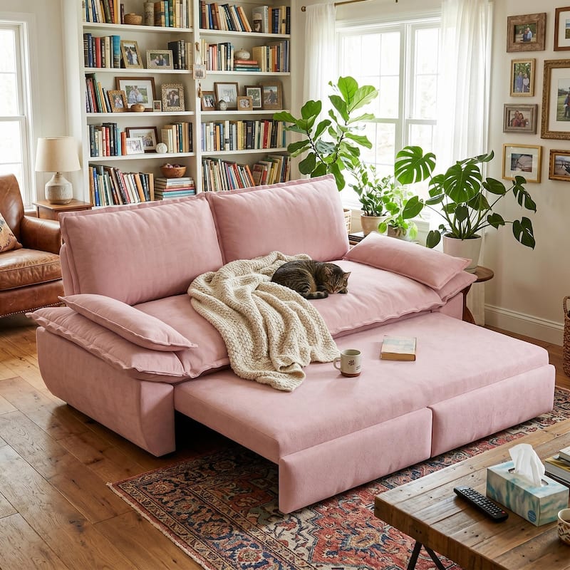 Homy Casa 73.2''/94.5" Queen/King Pull Out Sofa Bed, 3-in-1 Corduroy/Velvet Sleeper Couch - Velvet Pink