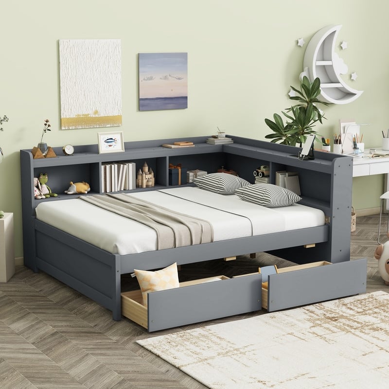 Full Size L-shaped Bookcases Daybed with Power Outlets, USB Charging Ports,Two Drawers