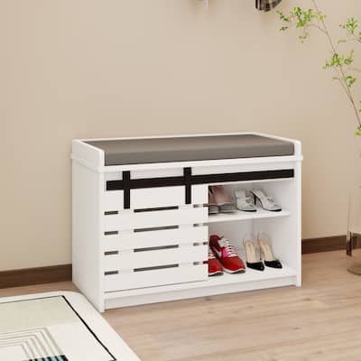 Modern Shoe Storage Bench, 2-Tier Entryway Bench with Sliding Barn Door & 2 Adjustable