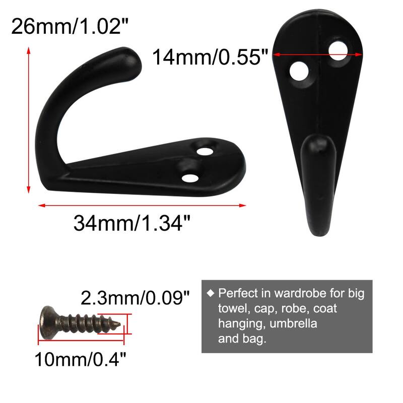 10pcs Robe Hooks Metal Hook Keys Scarf Towel Wall Bathroom DIY Hanger w Screws - Black - 1.34" x 0.55" x 1.02"(L*W*H)
