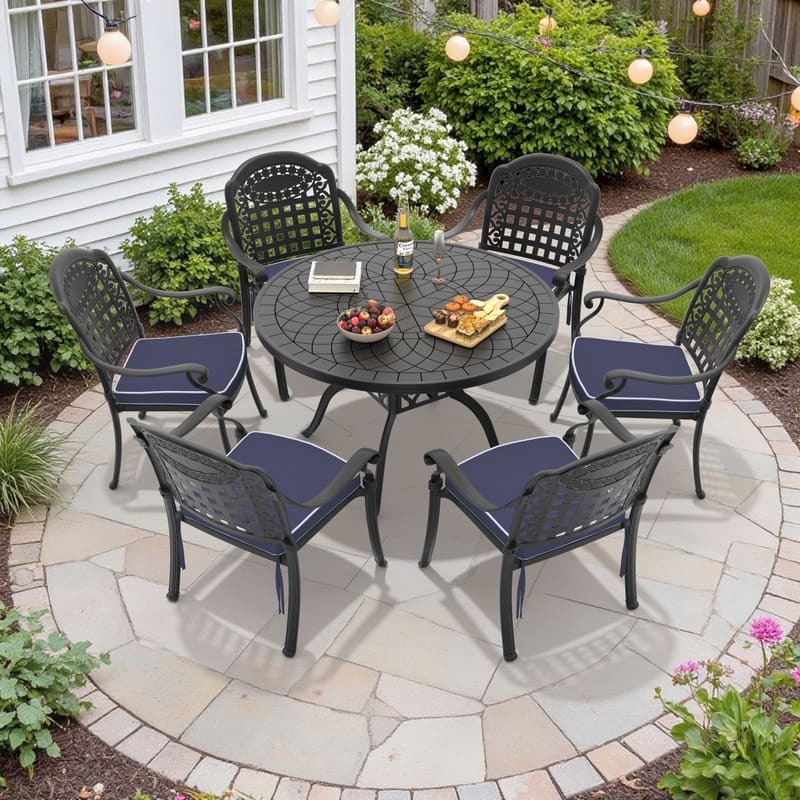 7-Piece Patio Dining Set Aluminum Table & 6 Dining Arm Chairs with Cushions