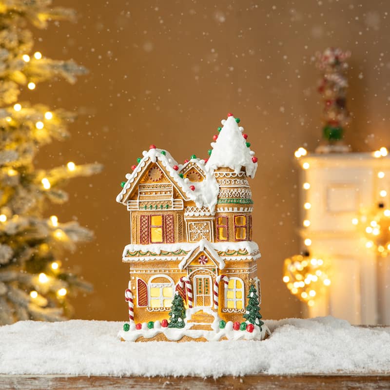 Glitzhome 12"H Resin Lighted Christmas Gingerbread House Village Table Decor - Red