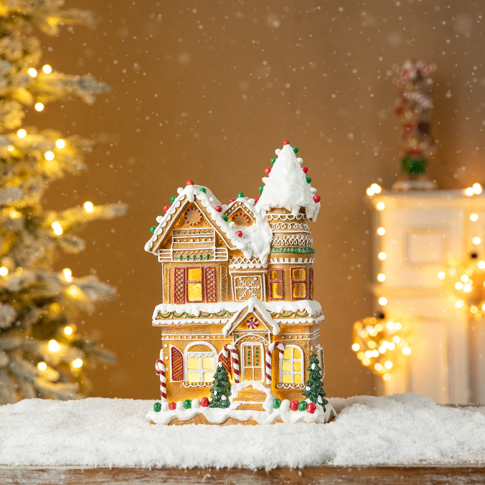 Glitzhome 12"H Resin Lighted Christmas Gingerbread House Village Table Decor with Timer
