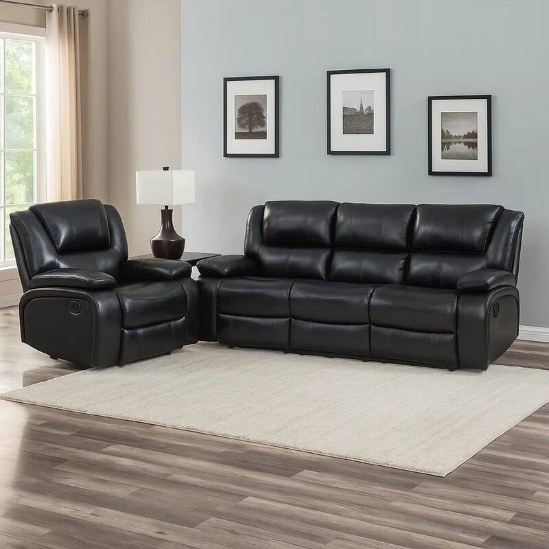 Mila 2pc Manual Reclining Sofa and Loveseat Set, Black Faux Leather