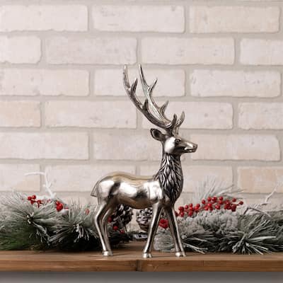 14-Inch Grey Aluminum Reindeer Figurine Winter Woodland Decor for Cabin or Home Display - 8”L x 4”W x 14”H