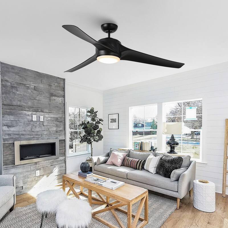 60" Matte Black Large Windmill Ceiling Fan with Light and Wall Control - 60-inch W x 14.1-inch H