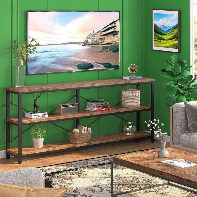 Brown MDF Extra-Long Sofa Table with 3 Open Shelves and Metal Legs - 70.87” L x 11.81 W x 35.83 H
