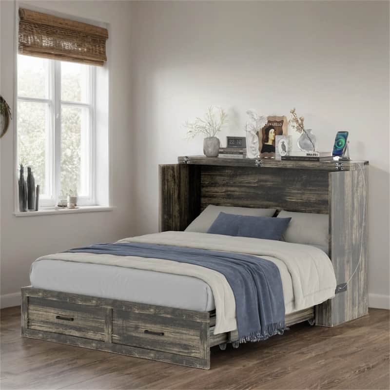 Queen Size Wood Murphy Bed with Charging Station and Drawer