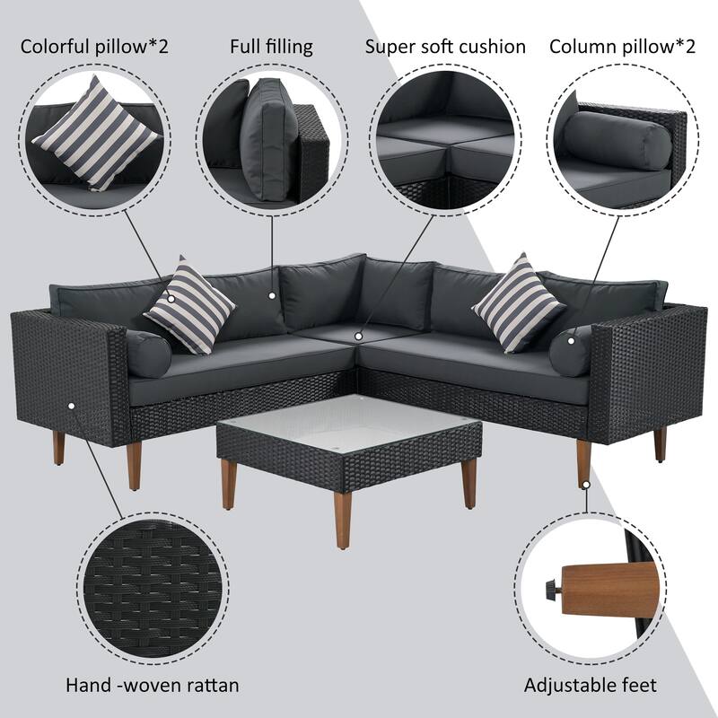 4 Piece Outdoor Furniture Set, All Weather Conversation Set, L-Shape Wicker Sofa Set with Pillows and Coffee Table