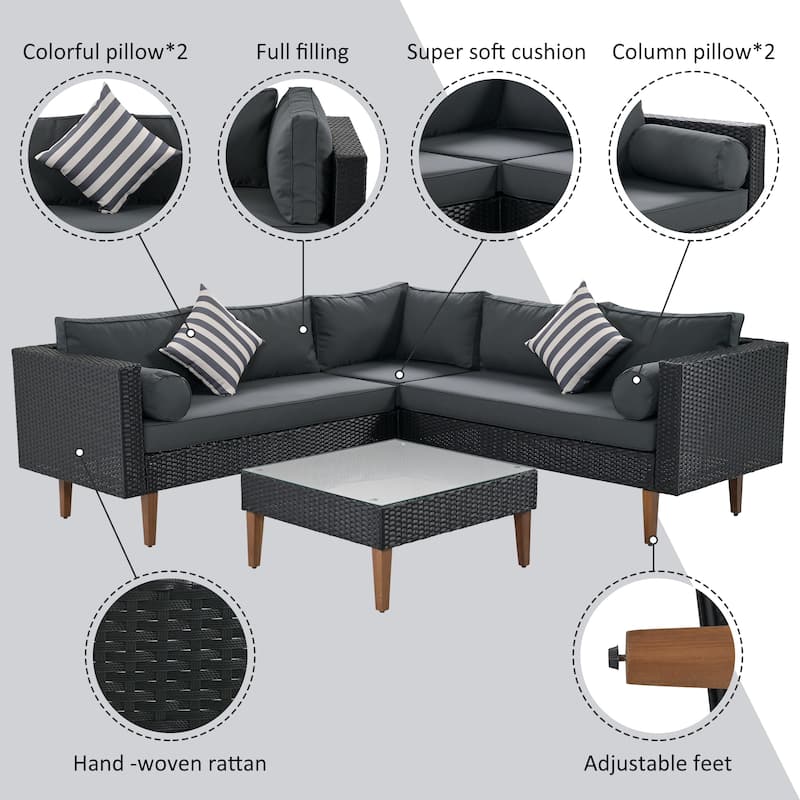 Roomfitters 4-Piece Outdoor Sectional Sofa Set with Glass Coffee Table, Tapered Wood Legs Rattan Furniture, Black+Gray