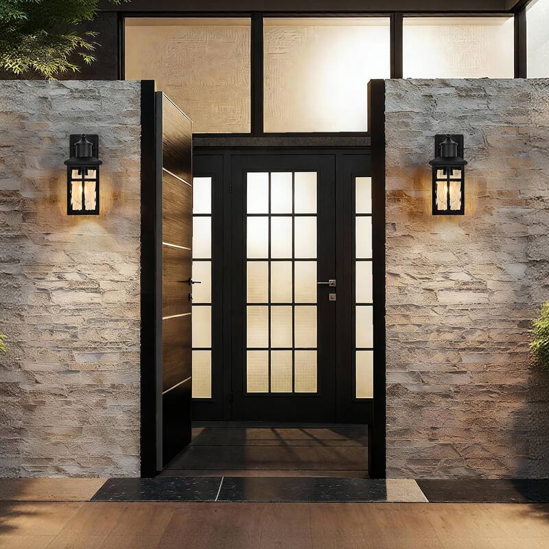 12 in. Black 1-Light Outdoor Wall Lantern Sconce with Water Wave Glass Shade