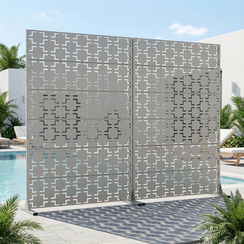 Outdoor Freestanding Metal Privacy Screen Decorative Garden Fence Set of 2 - Grey - 72"x47"
