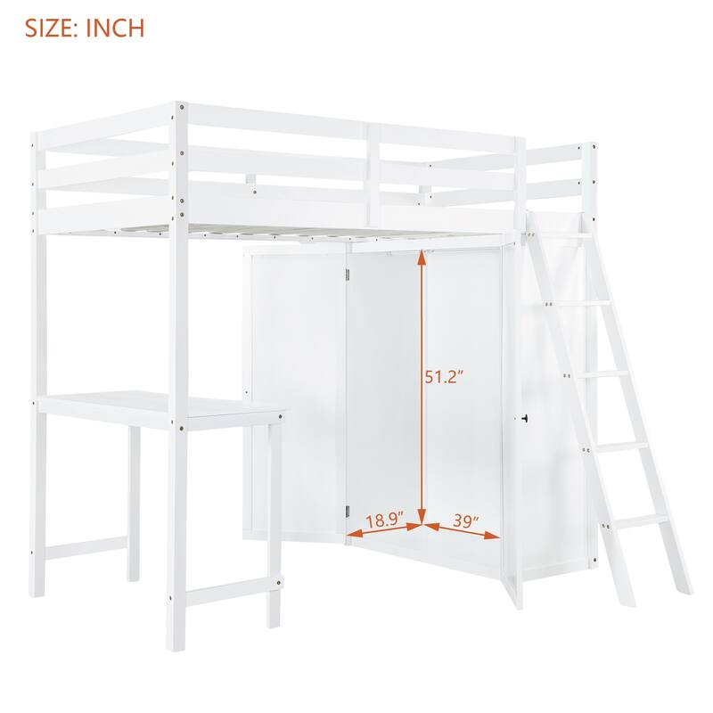 Solid Pine Loft Bed with Wardrobe, Desk, Shelves, and Guardrail
