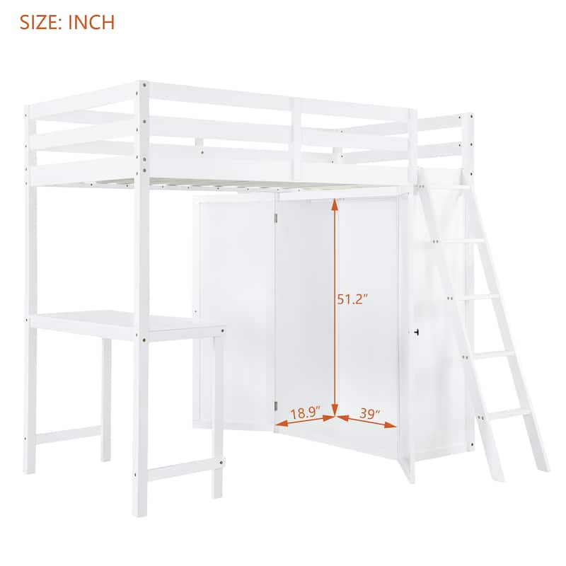 Twin/Full Size Loft Bed with Wardrobe and Desk, Durable Rubber Wood Frame