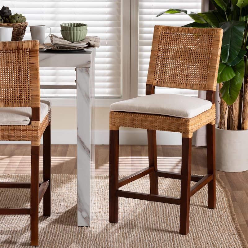 Lesia Natural Rattan Counter Stool with Cushion - Handwoven Wicker Stool with Mahogany Wood Frame, Coastal Boho Style