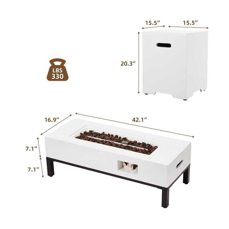 AVAWING 2-Piece 42" Rectangle Concrete Fire Table with Shelves and Tank Holder