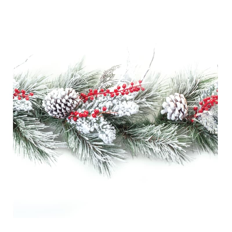 Snowy Pine Berry Garland 6'L - Green, White. - 73 x 8 x 7