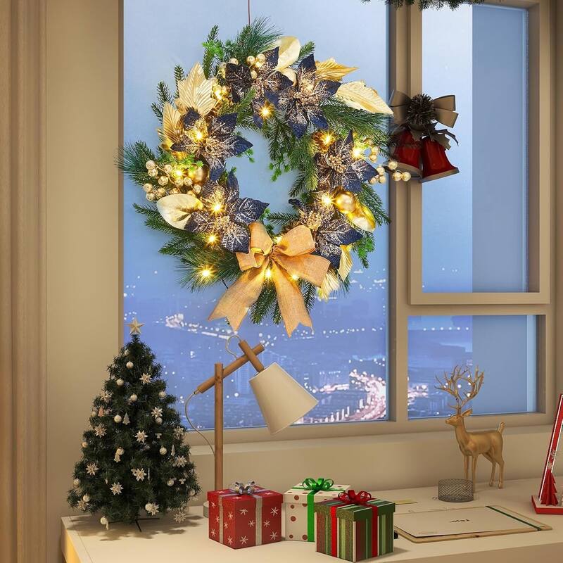 24 Inch Artificial Christmas Wreath with Blue Artificial Flowers