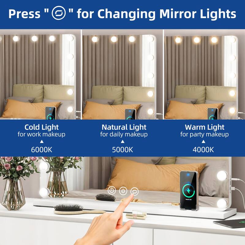 Moasis LED Lighted Makeup Mirror with Touch Screen 3 Colors Lighting Vanity Mirror w/ Wireless Charger and Speaker