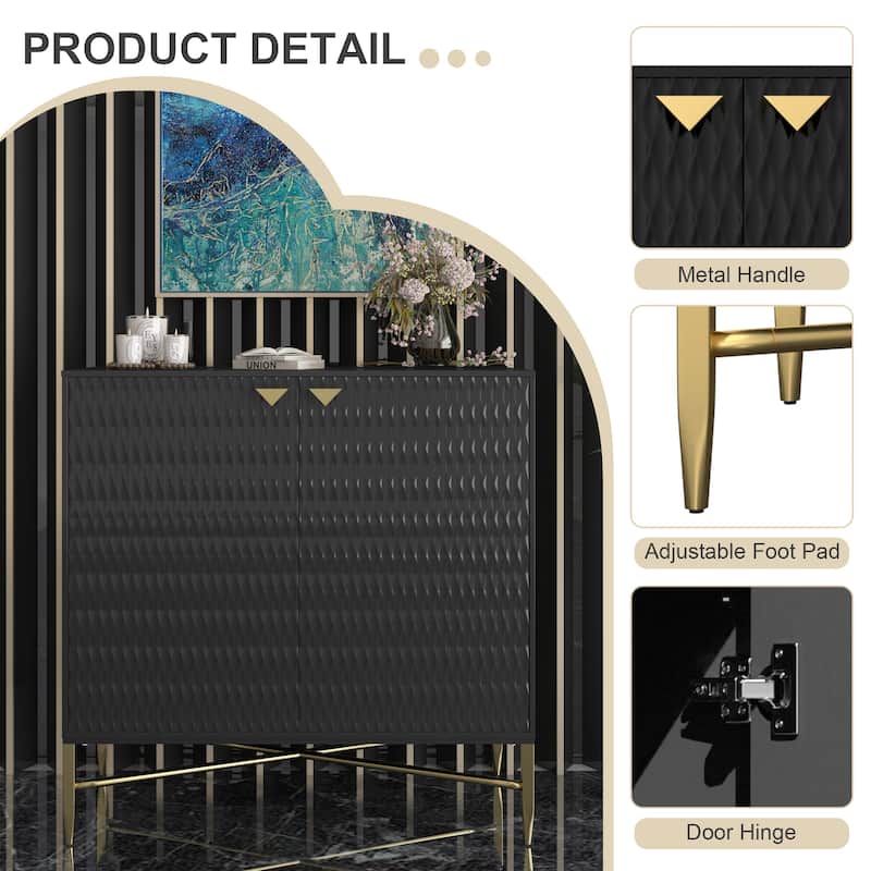 Accent Cabinet with Raised Diamond Pattern, Storage Cabinet with Brass X-Tapered Legs, Buffet with Adjustable Shelves