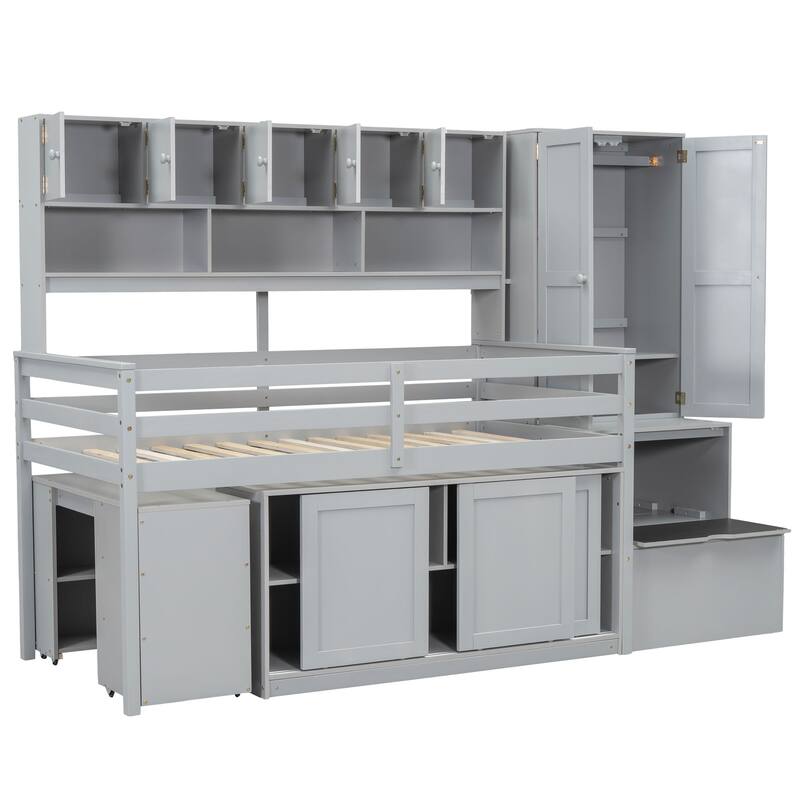 Twin Size Loft Bed with Storage, Desk, Drawers, and Shelves, Gray